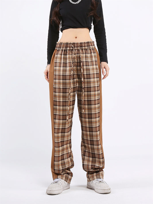 Contrast Elastic Waist Straight Panel Plaid Casual Pants