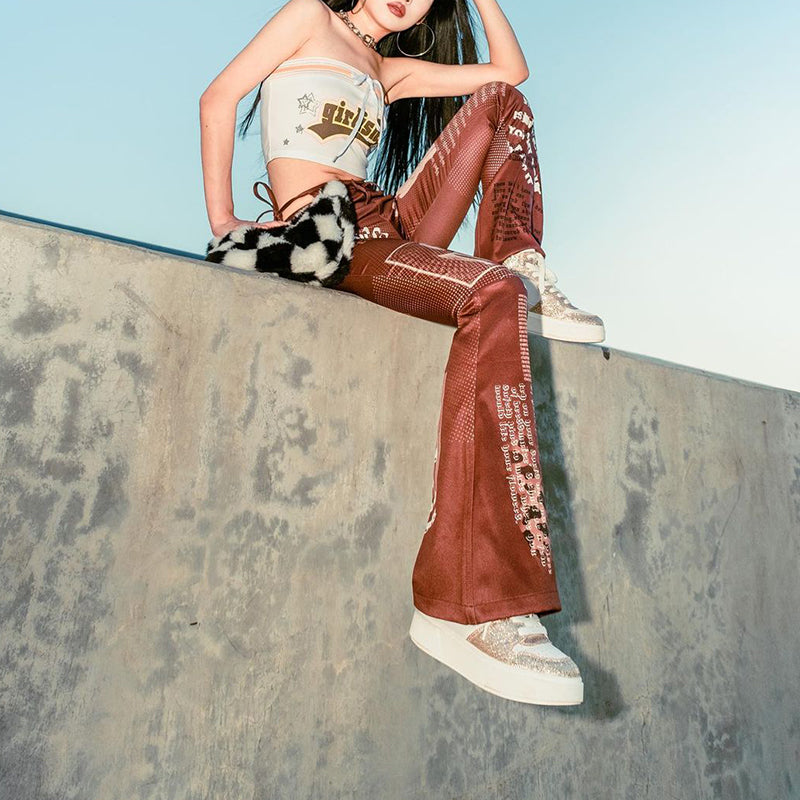 Hot Girl Personality Street Shooting Strap Design Lace-upCool Sa Letter Printing Casual Pants