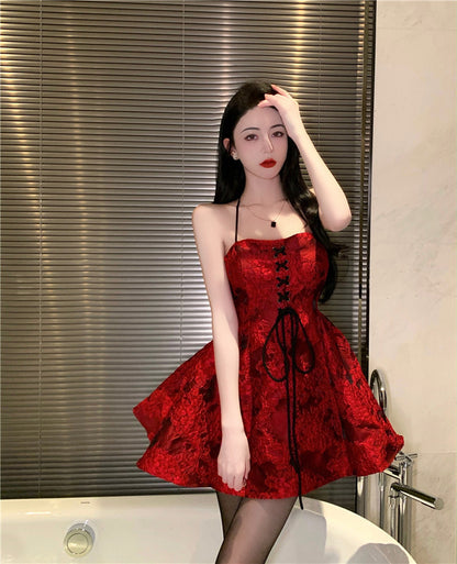 New Fashion Halter Neck French Red Short Dress Women