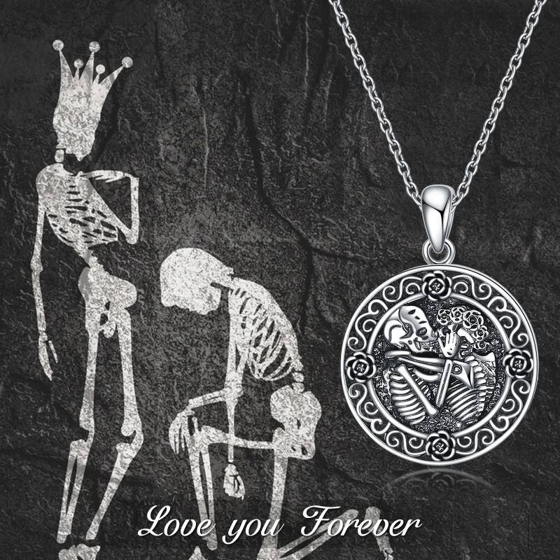 Nightmare Before Christmas Necklace Sterling sliver Jack Skellington and Sally Pendant Rose Flower Romantic Jewelry