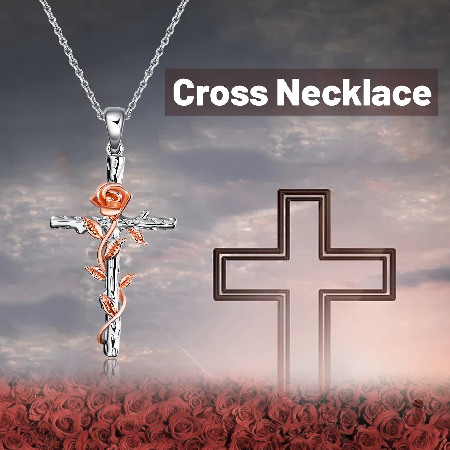 Sterling Silver Rose Gold Plated Religious Cross Pendant Necklace with Rose Flower Jewelry