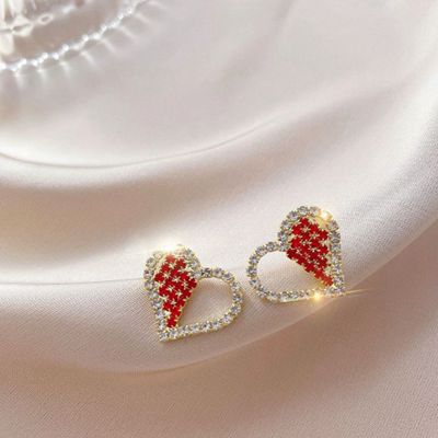 Asymmetric Red Heart Stud Earrings For Women Creative Hollow