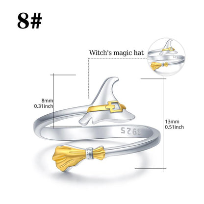 Halloween Ring 925 Sterling Silver Witch Cap Broom Adjustable Ring for Women Halloween Party Decor Open Thumb Rings