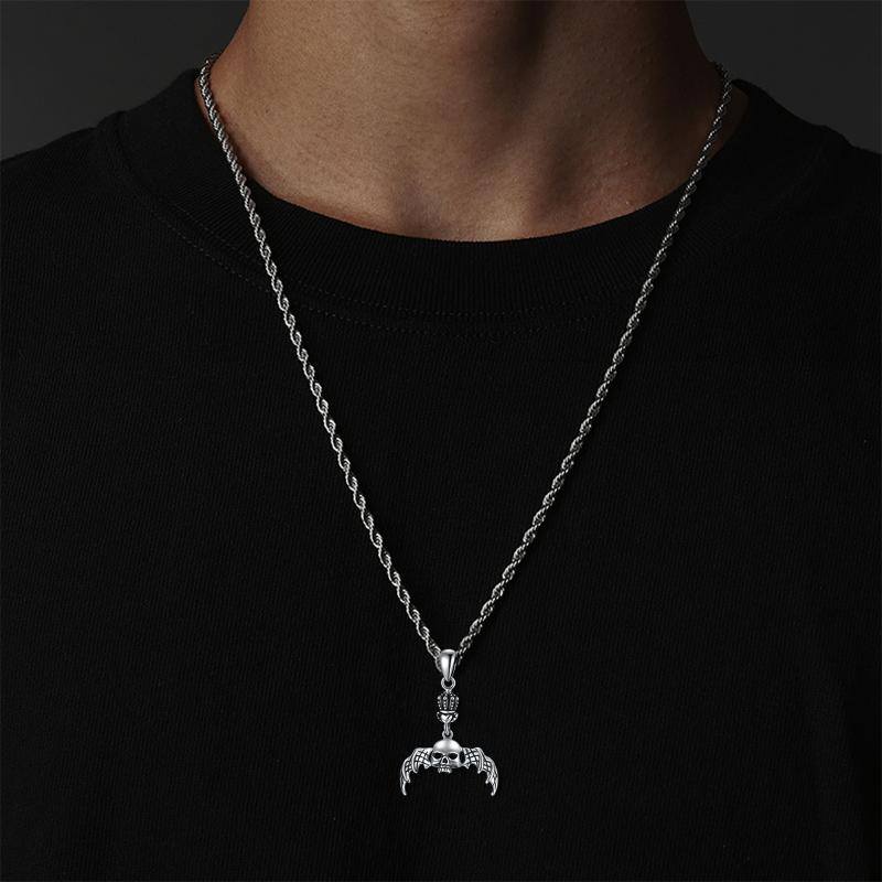 Gothic Skeleton Pendants Necklace with Bat Crown Sterling Silver Matte Gift