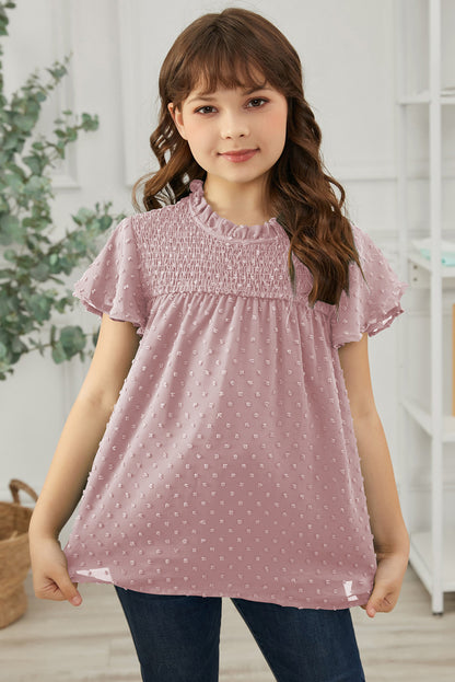 Girls Swiss Dot Smocked Flutter Sleeve Blouse