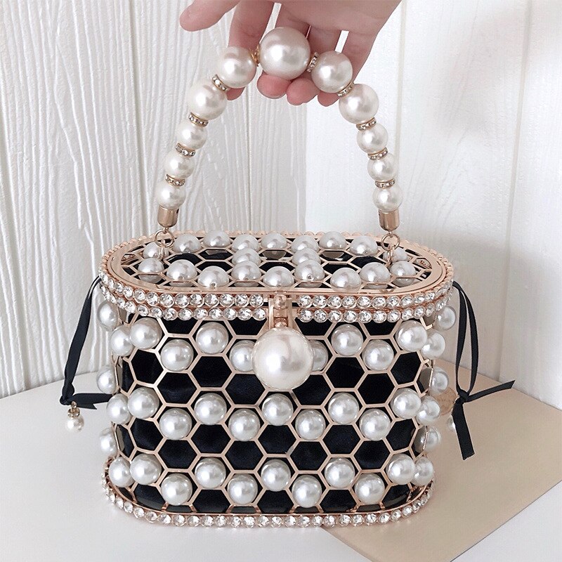 Luxury Pearl Women's Handbag Hollow Out Wedding Clutch Purse Bag Female Rhinestone Metal Cage Basket Shoulder Bag ZD1846