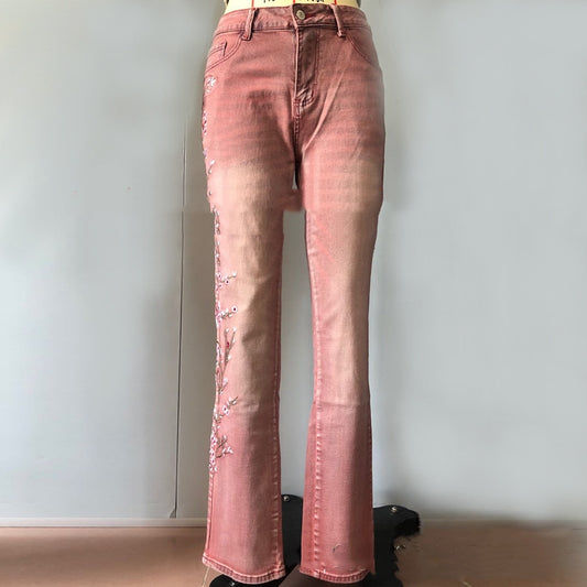 Embroidered retro style embroidered straight-leg jeans