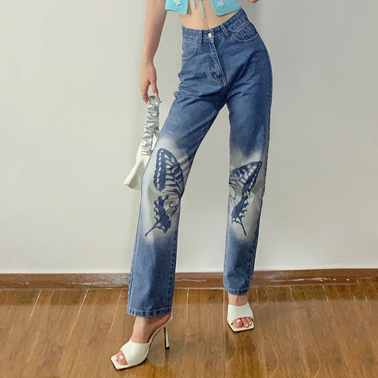 Fashion High-rise Straight-leg Butterfly Print Casual Jeans