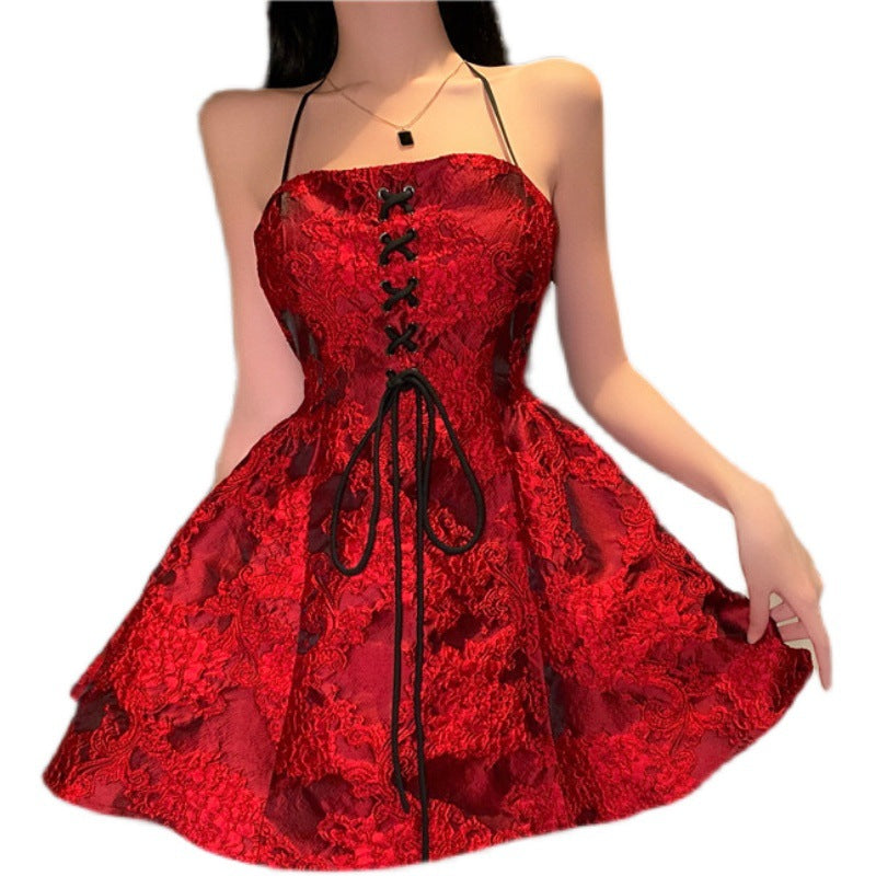 New Fashion Halter Neck French Red Short Dress Women