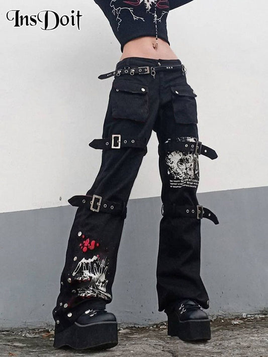 InsDoit Y2K Black Punk Skull Print Mall Goth Jeans Woman Eyelet Buckle Academic Cargo Pants Streetwear Big Pocket Dark Trousers