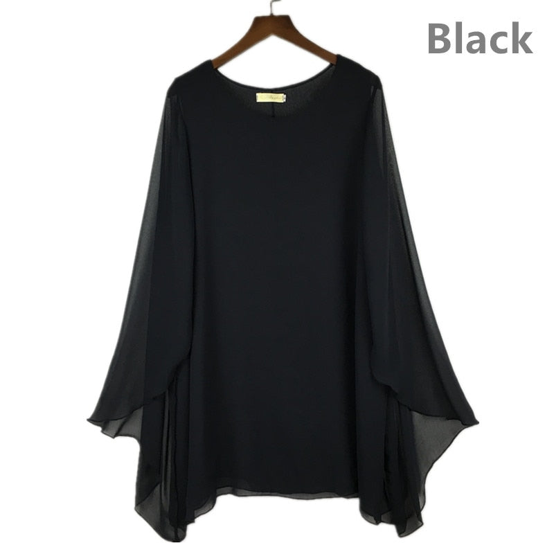 Women's Chiffon Ruffles sleeve shawl leisure chiffon dress Black 5XL 6XL