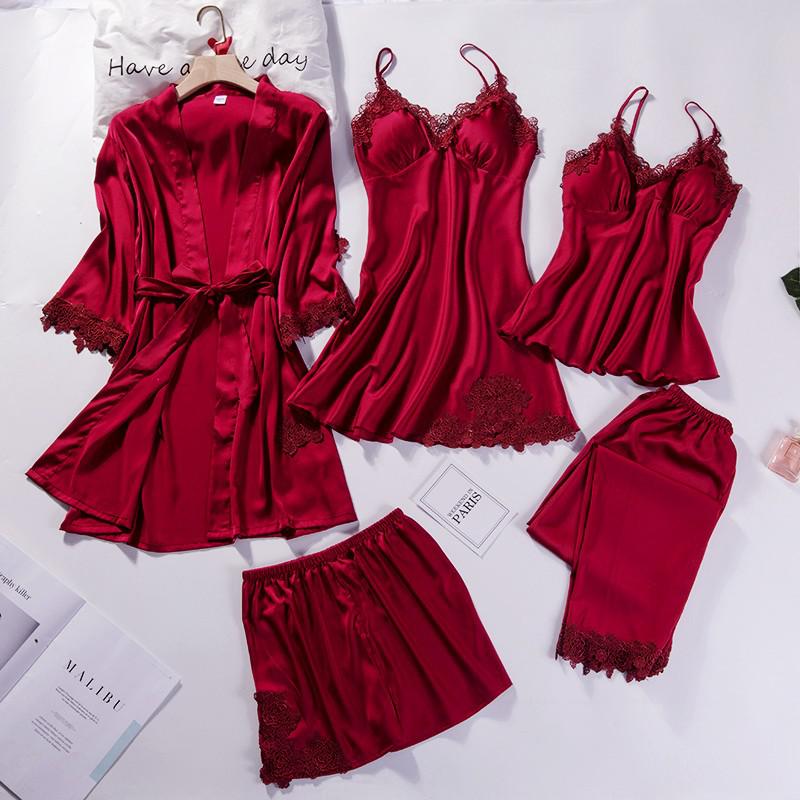 5pcs V-Neck Nightwear Pajamas Sets Bride Wedding Nightwear Sexy Womens Lace Sleepwear Sleep Suit Spring Casual Satin Pijamas