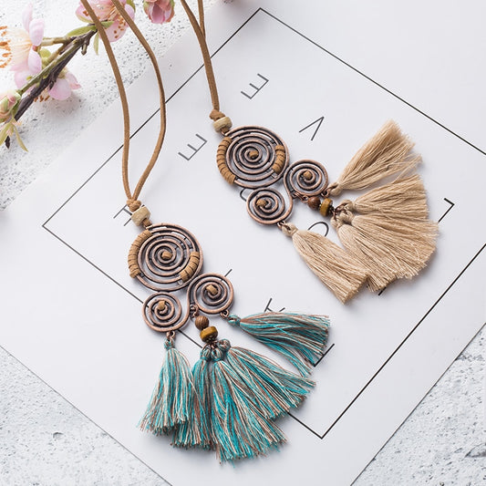 Women Charm Vintage Bohemian Ethnic Tassel Pendant Necklace Choker Long Leather Sweater Rope Chain Clothing Jewelry Accessories