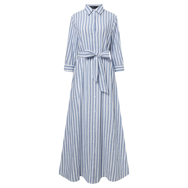 Fashion Women Autumn Long Sleeve Lapel Neck Striped Dress ZANZEA Elegant Shirt Vestidos Femme Sundress Buttons Maxi Long Dress 7