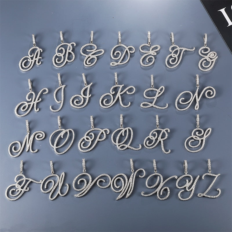 D&Z New A-Z Cursive Letters Name Pendant &Necklace Iced Out Cubic Zircon Gold Silver Color Charm Hip Hop Jewelry