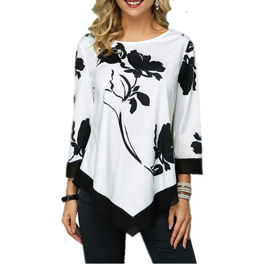 New Spring Oversized Women T Shirt Casual Irregular O-Neck Lace Splice Floral Printing Tee Shirt Women&#39;s Tops Pullovers Clothing