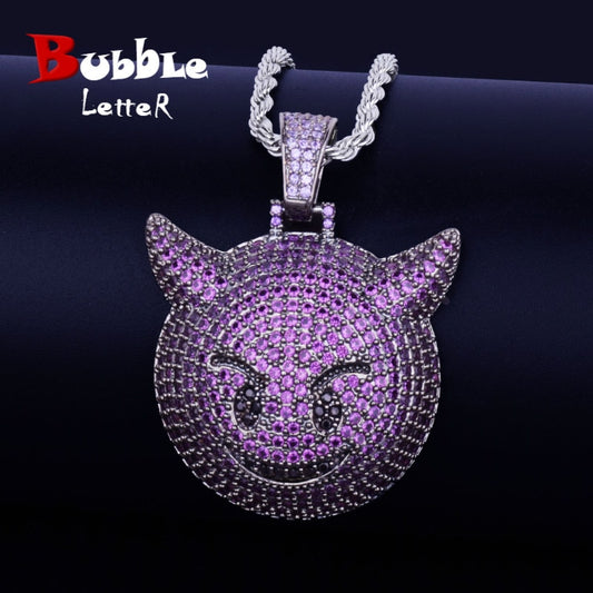 Purple Color Demon Evil Expression Necklace &amp; Pendant Bling Zircon Fashion Hip Hop Rock Street Jewelry