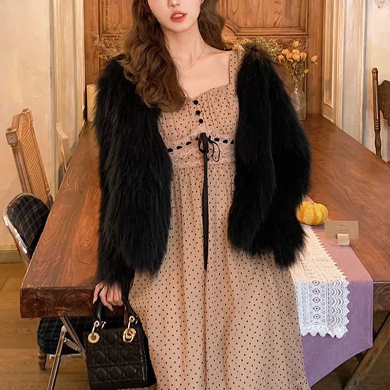 French Vintage Midi Dress Women Puffer Sleeve Square Collor Office Elegant Dress Female 2021 Autumn Dot One Piece Dress Korean