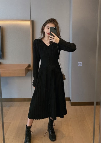 Knitted Dress Women Casual Long Sleeve Vintage Elegant Office Sweater Dress Female 2021 Autumn One Piece Dress Korean Outerwear