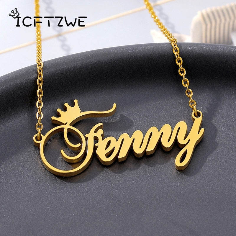 Custom Name Necklace For Women With Crown Personalized Stainless Steel Nameplate Choker Necklaces Birthday Jewelry Gift