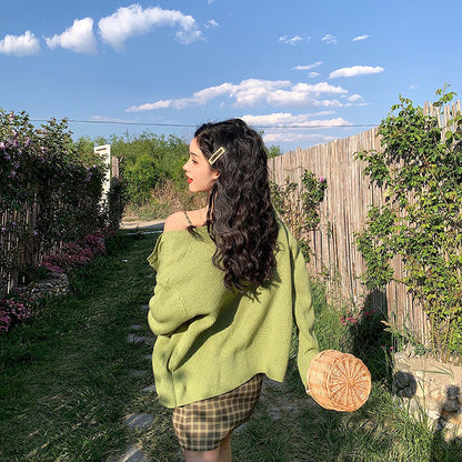 Dress Only] Spring 2020 Korean new foreign style versatile avocado fruit green retro plaid dress short women plaid dress