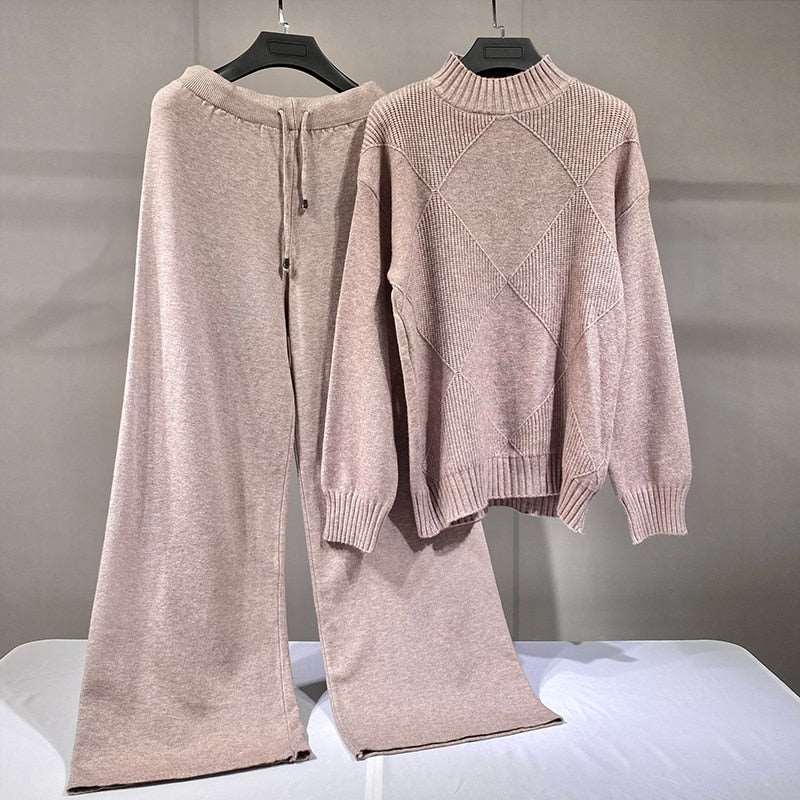 2021 Women Tracksuits Chic 2 Piece Set Knitted Solid Lounge Suit Cashmere Blend Pullover Sweater Wide Leg Pants Two Pieces Sets