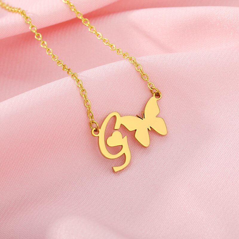 A-Z initial letter necklace pendant Lovely butterfly heart NecklaceChoker necklace Charm Jewelry Men Handmade Accessoires