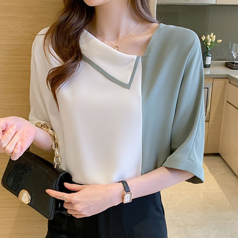 Blusas Mujer De Moda 2022 New Loose Chiffon Shirt Women&#39;s Blouses and Tops Skew Collar Short Sleeve Solid Elegantes Female 1069