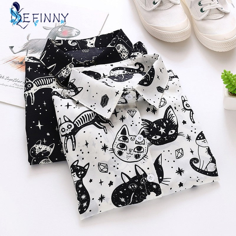 Women Shirt Cat Pattern Printed Personality Tops and Blouses Fashion Office Lady Long Sleeve Clothes White Black