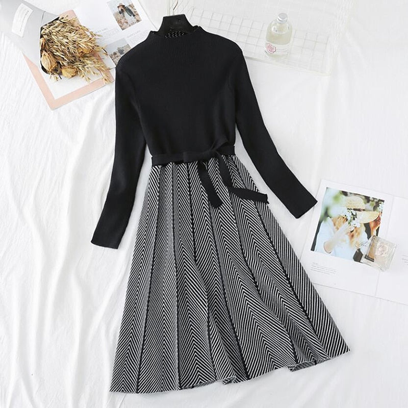 Autumn Winter Women Knitted Dress 2020 New Korean Long Sleeve Half turtleneck A Line Sweater Dress Elegant Ladies Bandage Dress