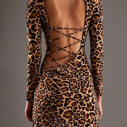 2021 autumn new women&#39;s fashion round neck long sleeve sexy hollow open back split dress