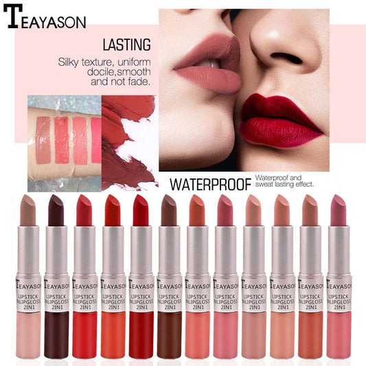 12 Colors Waterproof Nude Matte Velvet Glossy Lip Gloss Lipstick Lip Balm Sexy Red Lip Tint Sexy Women Fashion Makeup Gift 1pcs