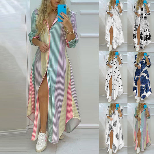 Women Stripe print Long Shirt Dress Fashion Boho Beach Button Big Maxi Dress Spring Summer 2022 New Ladies Letter Oversized Robe