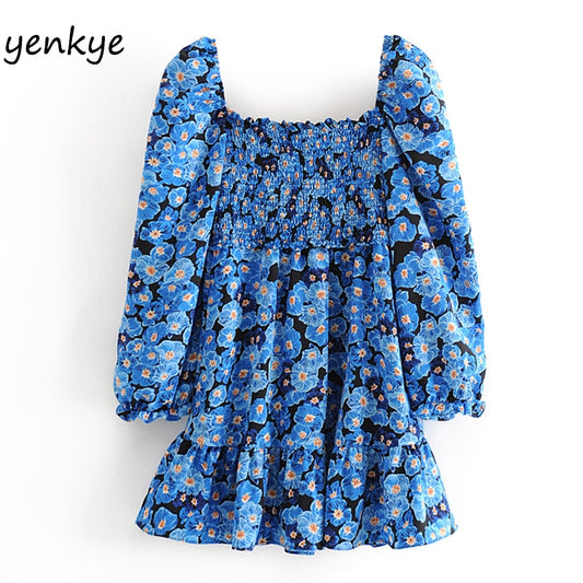 Vintage Blue Floral Print Dress Women Lantern Sleeve Square Neck A-line Dress Modern Female Holiday Summer Mini Chiffon Dress