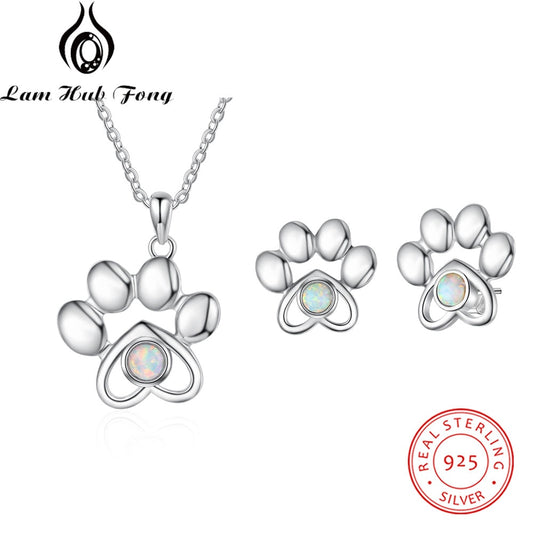 Women Jewelry Sets Necklaces Earrings Cute Paw Necklaces Pendant Animal Dog Footprints Stud Earrings Opal Jewelry (Lam Hub Fong)