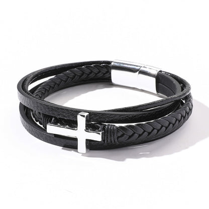 Fashion Simple Natural Stones Beads Handmade Woven Leather Wrap Bracelet Men Metal Leaf Cross Skull Bracelets Bangles Jewelry