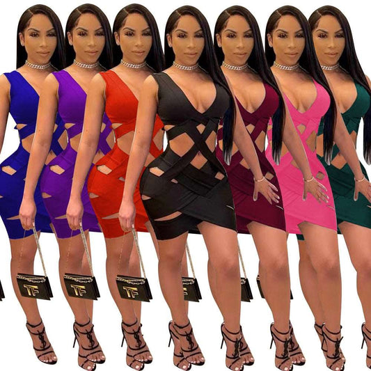 2021 Dress for Women Sexy Weave Deep V Neck Backless Hollow Out Bodycon Mini Women Dress Elegant Night Club Party Dresses Robe