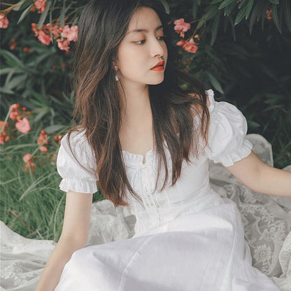 Elegant Fairy Dress Women White French Puff Sleeve Chiffon Dress Korean Japan Style Sweet Vintage Retro Summer Dress 2020