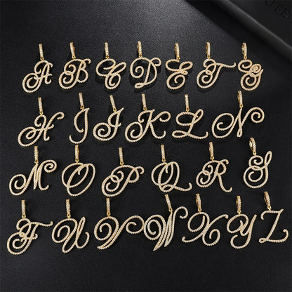 D&Z New A-Z Cursive Letters Name Pendant &Necklace Iced Out Cubic Zircon Gold Silver Color Charm Hip Hop Jewelry