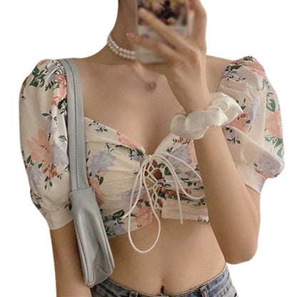 Ins Fashion Women Floral Print  Drawstring Blouses Shirt Women Short Sleeve French Vintage Bandage Lace Tops Female Blusas