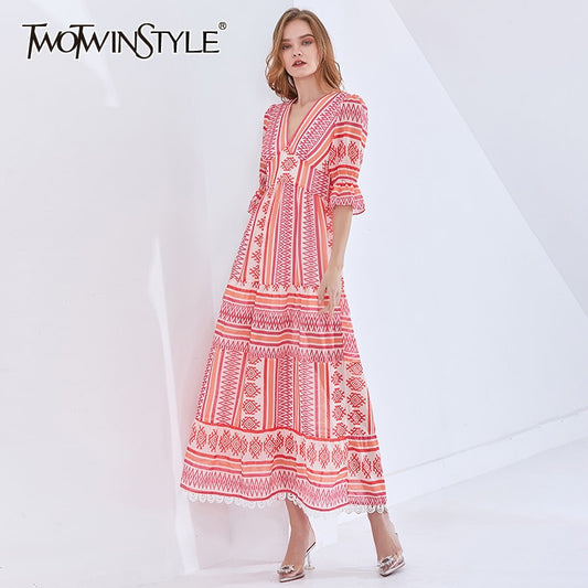 TWOTWINSTYLE Print Vintage Spring Dress For Women V Neck Half Sleeve High Waist Elegant Maxi Dresses Female Fashion New Clothes