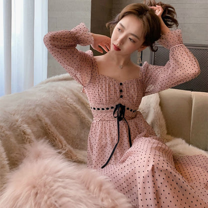 French Vintage Midi Dress Women Puffer Sleeve Square Collor Office Elegant Dress Female 2021 Autumn Dot One Piece Dress Korean