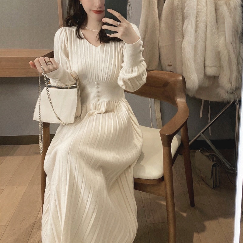 Knitted Dress Women Casual Long Sleeve Vintage Elegant Office Sweater Dress Female 2021 Autumn One Piece Dress Korean Outerwear