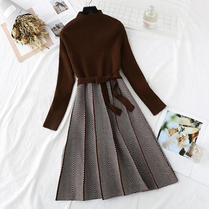 Autumn Winter Women Knitted Dress 2020 New Korean Long Sleeve Half turtleneck A Line Sweater Dress Elegant Ladies Bandage Dress