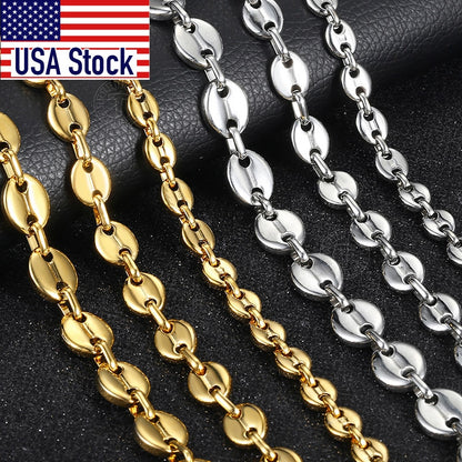 Coffee Beans Link Chain 7/9/11MM Necklace Gold Color Silver Color Stainless Steel Men Women Geometric Rope  Jewelry Wholesale