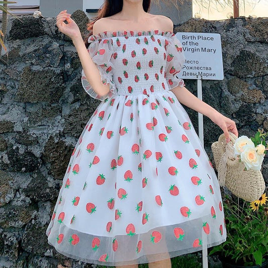 Strawberry Dress Women French Style Lace Chiffon Sweet Dress Casual Puff Sleeve Elegant Printed Kawaii Dress Women 2022 New