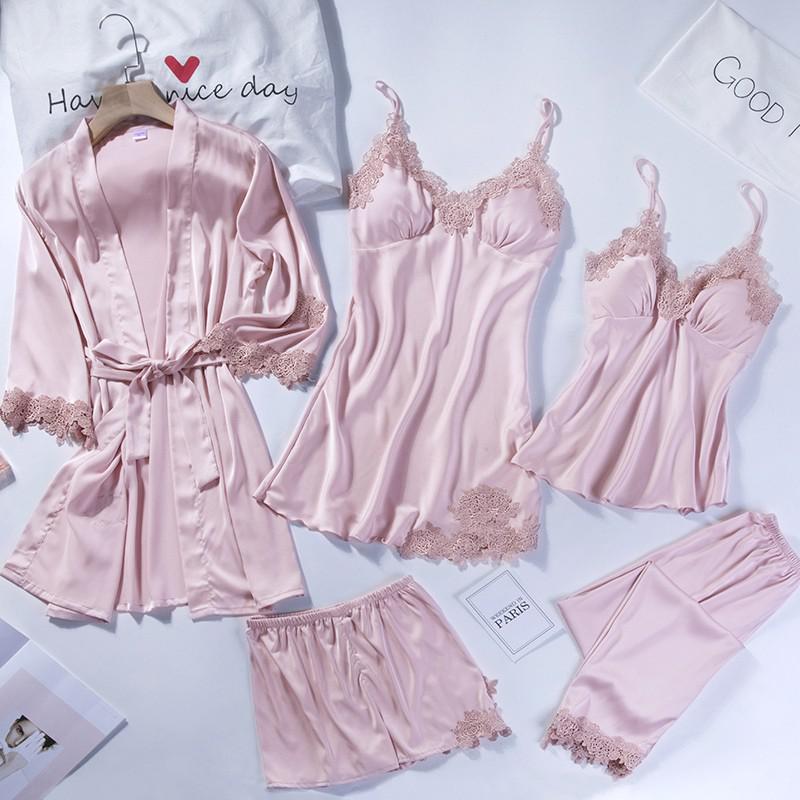 5pcs V-Neck Nightwear Pajamas Sets Bride Wedding Nightwear Sexy Womens Lace Sleepwear Sleep Suit Spring Casual Satin Pijamas