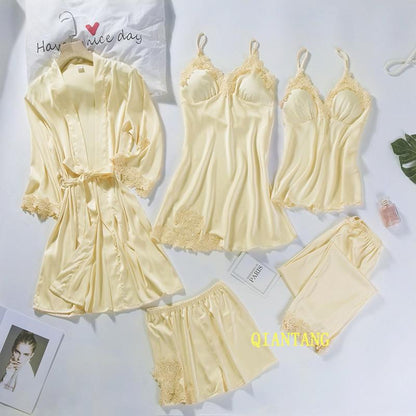 5pcs V-Neck Nightwear Pajamas Sets Bride Wedding Nightwear Sexy Womens Lace Sleepwear Sleep Suit Spring Casual Satin Pijamas