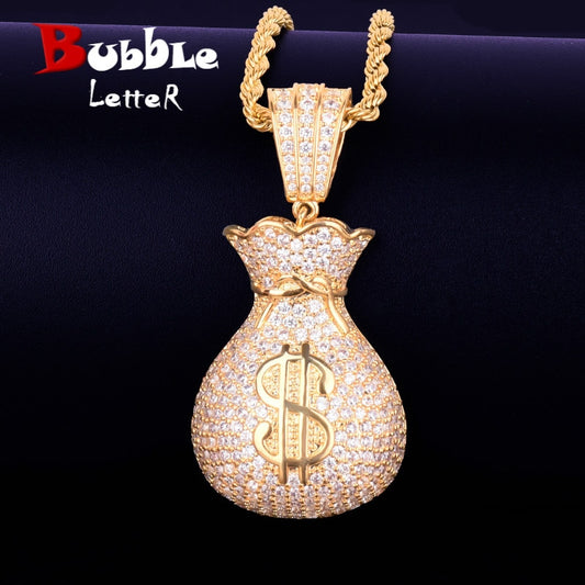 Women's Dollar Bag Pendant Necklace  Gold Color Bling Cubic Zircon Hip Hop Rock Jewelry