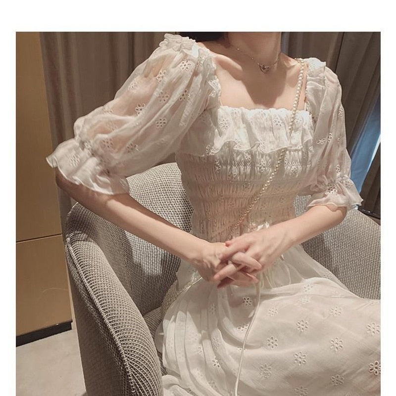 French Summer Dress Women White Puff Sleeve Korean Style Fairy Dress Lace Chiffon Japan Style Kawaii Elegant Vintage Dress 2021